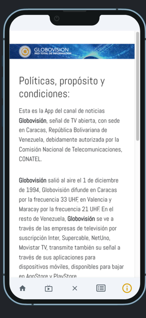 Pantalla que muestra las políticas y el propósito de la aplicación de noticias Globovision HD