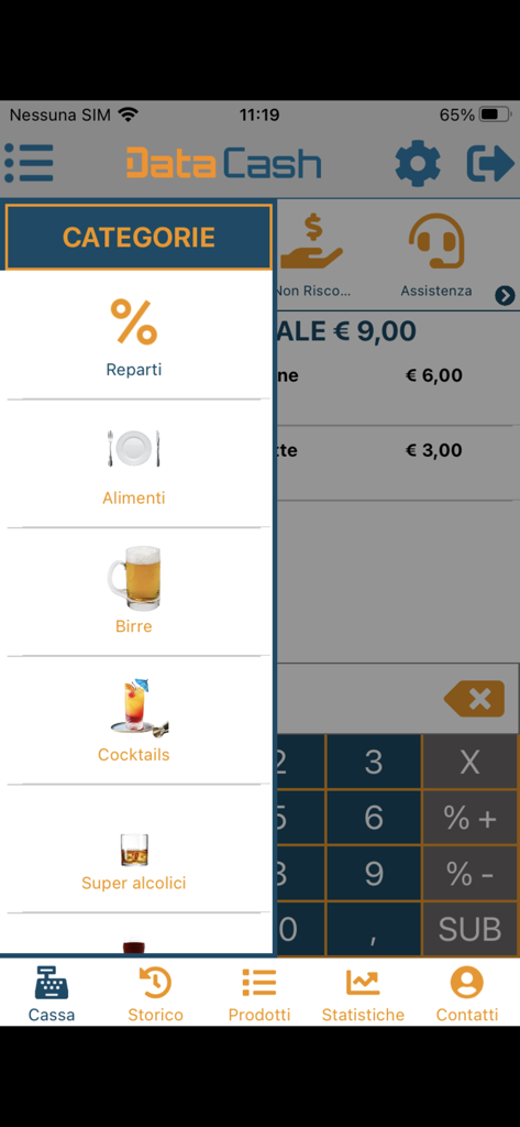 Data Cash - Mobile app interface of Data Cash showing a point of sale categories menu with food and beverage options