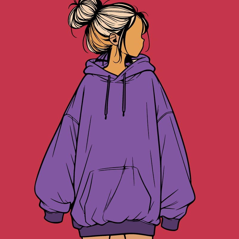 realistic girl with a oversized sweatshirt on and a bun