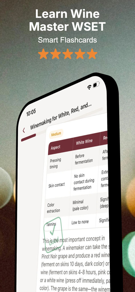 VinoPrep app screen showing a comparison table for white and red winemaking processes as part of a WSET exam flashcard.