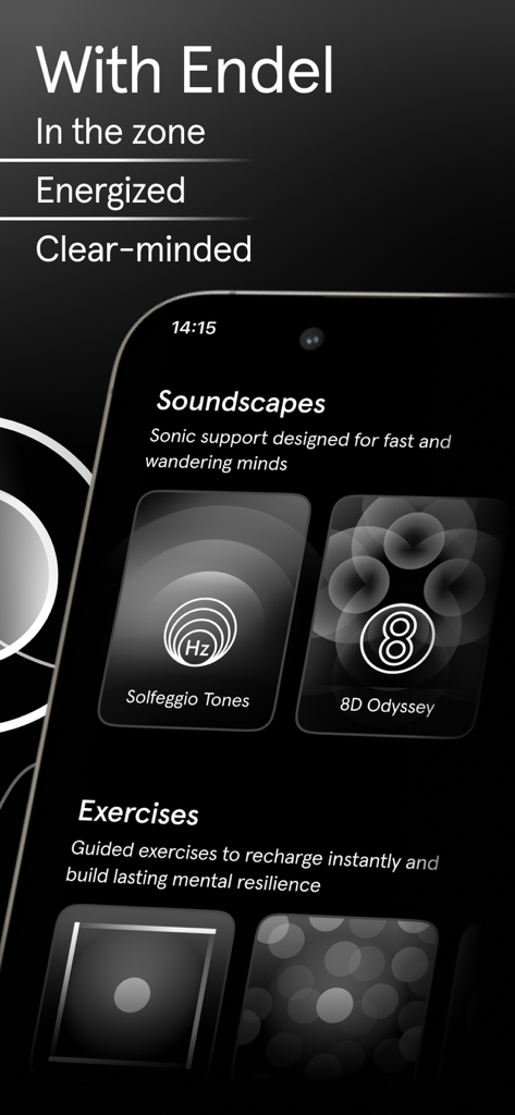 Endel app interface displaying soundscapes and guided exercises for focus and mental resilience