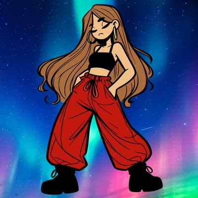 girl in baggy pants crop top and long hair