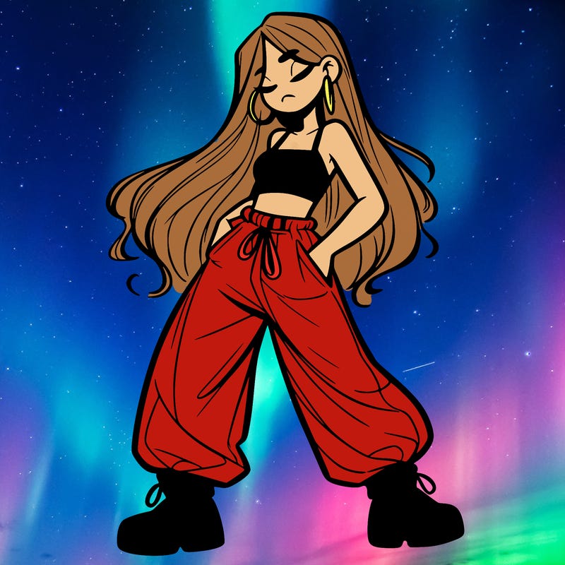 girl in baggy pants crop top and long hair