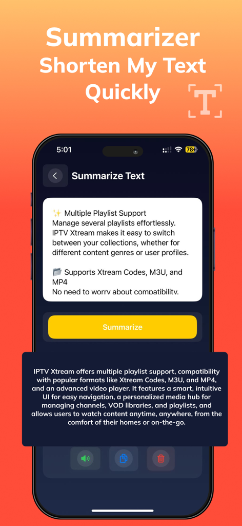 ReadLoud: Scan Image to Text - ReadLoud mobile app interface demonstrating the text summarizer feature to shorten long documents