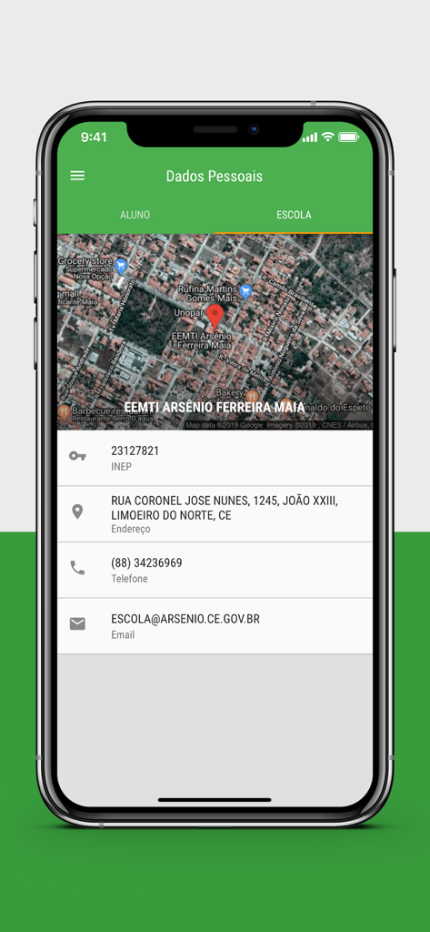 Aluno Online SEDUC-CE - School contact information and map location within the Aluno Online SEDUC-CE mobile application