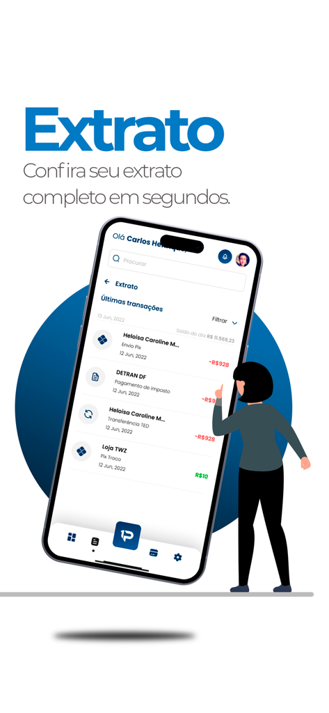 One Pay - Pantalla de smartphone que muestra el historial de transacciones y el extracto bancario de la app One Pay.