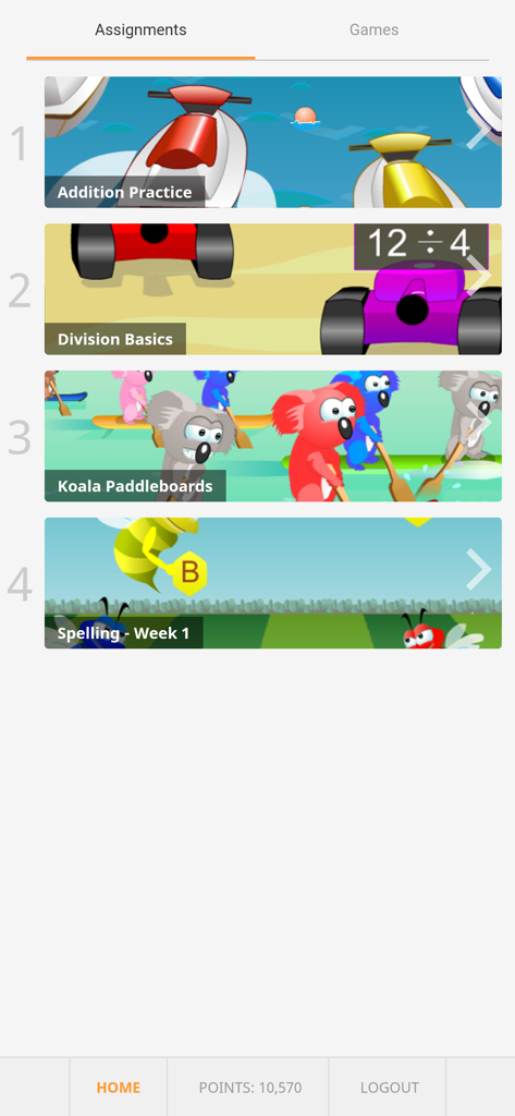 Arcademics - A list of educational game assignments in the Arcademics app including addition division and spelling