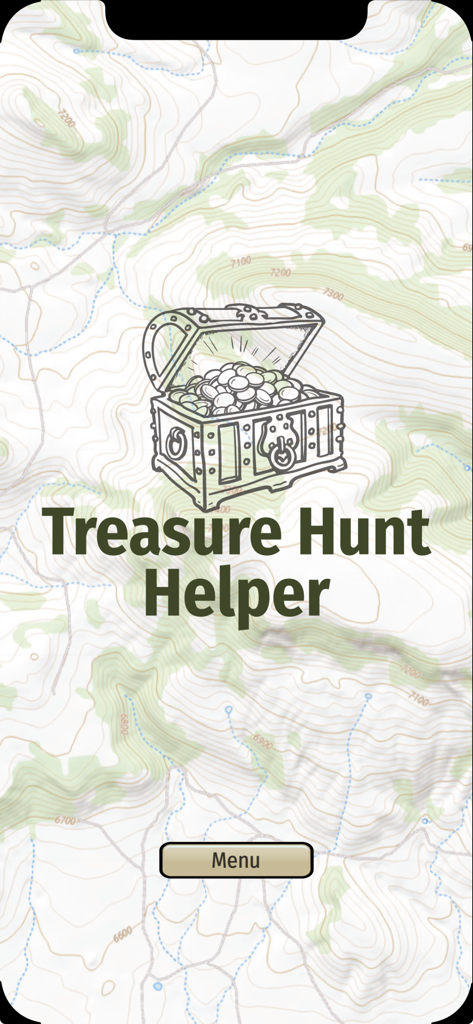 Treasure Hunt Helper - Treasure Hunt Helper home screen featuring a treasure chest illustration over a topographic map background