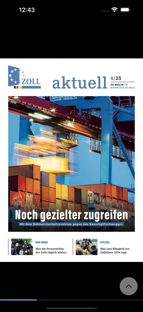 Zoll aktuell app magazine cover featuring shipping containers and a port crane with news about German customs