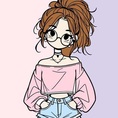 girl with a messy ponytail glasses a baggy crop top and jean shorts