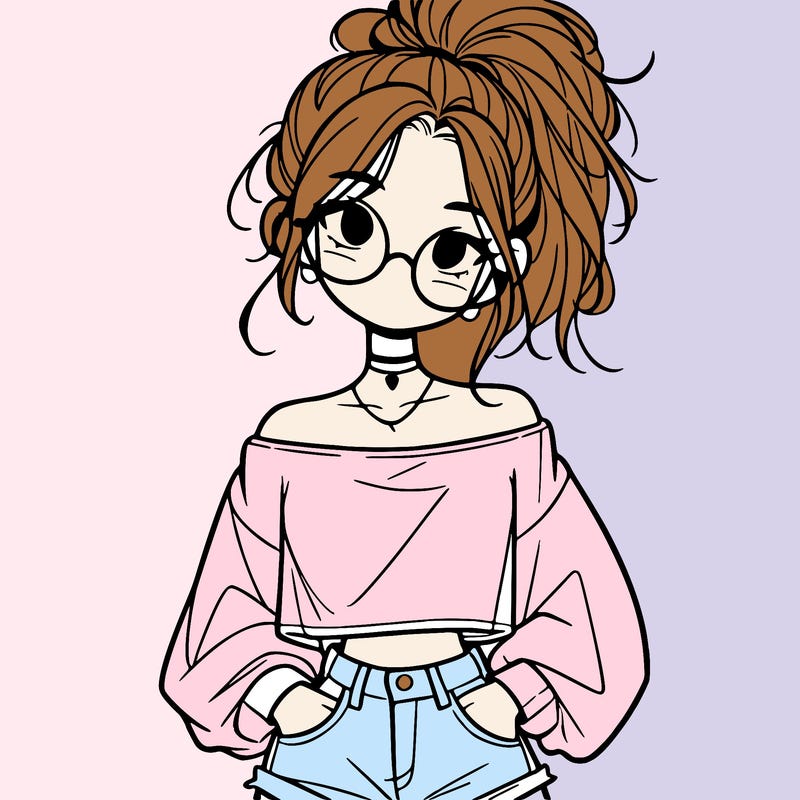 girl with a messy ponytail glasses a baggy crop top and jean shorts