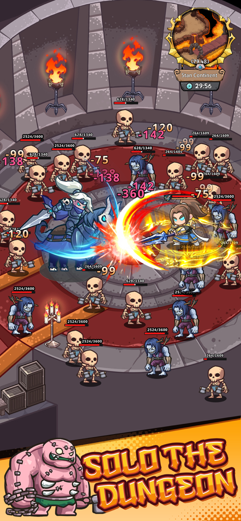 Mini Legion: Warband - Eroe su una cavalcatura che combatte un'orda di scheletri in una scena di battaglia in un dungeon solitario all'interno del gioco mobile Mini Legion Warband.