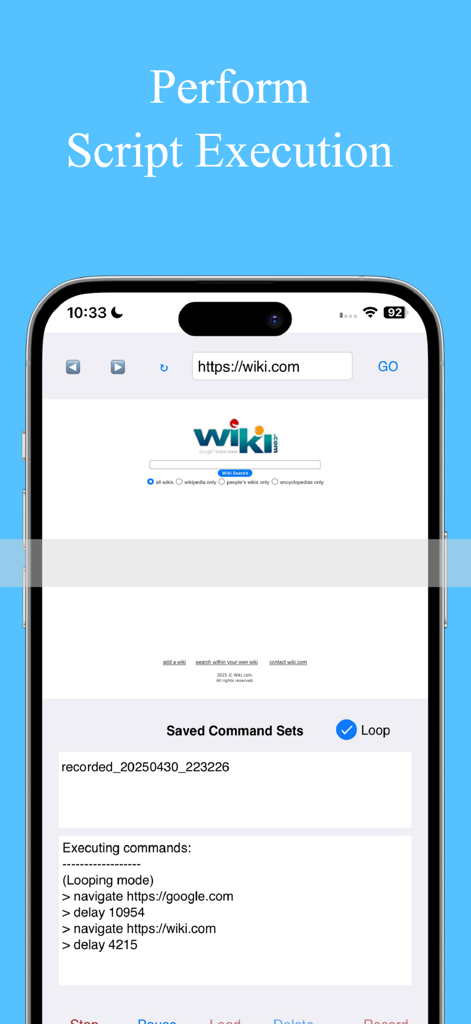 ループモードで一連のWebスクリプトコマンドを実行しているブラウザ自動化アプリのモバイルインターフェース。