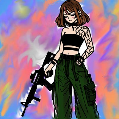 a dangerous girlcrop top and baggy jeans with a rifle in her hand