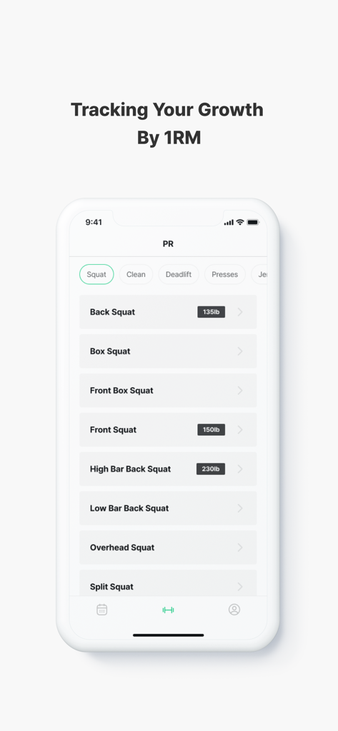Daily WOD - Log your wods - A mobile phone screen showing personal record tracking for different squat exercises in the Daily WOD app