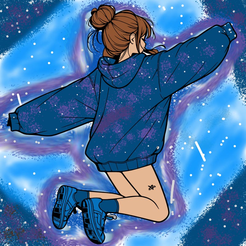 realistic girl jumping with a bun and oversized sweatshirt