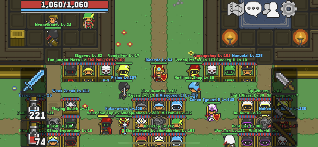 Rucoy Online - MMORPG - Busy town marketplace in Rucoy Online MMORPG with pixel art characters and shops