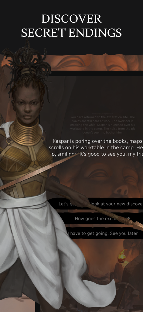 Eldrum: Black Dust - Text RPG - A female warrior in Eldrum Black Dust text RPG with dialogue options and the header Discover Secret Endings.