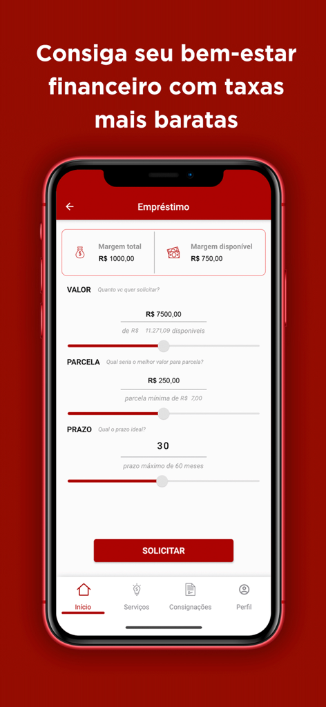 Pantalla de simulación de préstamos de la aplicación eConsig que muestra el margen de crédito disponible y los deslizadores de monto del préstamo
