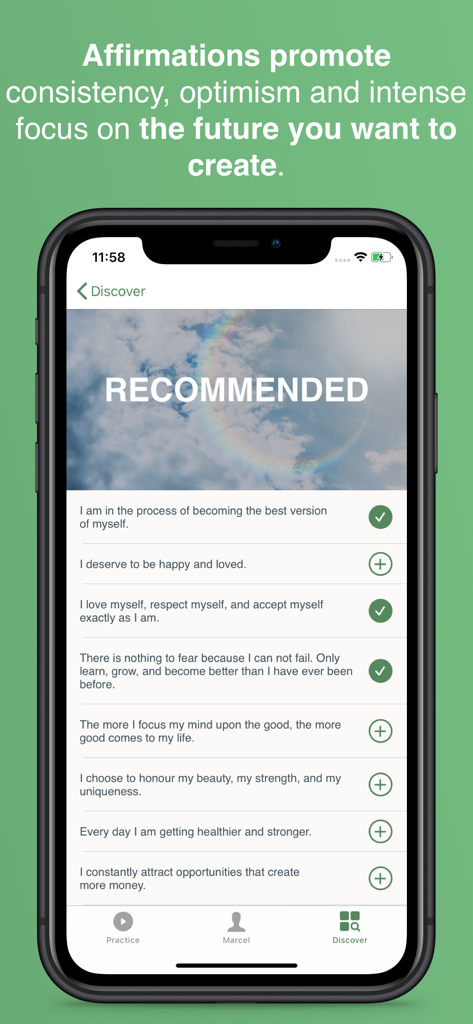 MindGarden: Daily Affirmations - Pantalla de la aplicación móvil MindGarden mostrando una lista de afirmaciones diarias recomendadas para la superación personal y la constancia.
