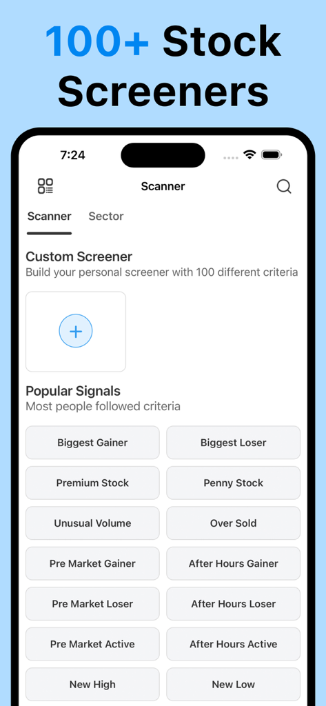 Finview: Stock Screener Signal - Finview 앱 주식 스캐너 인터페이스. 사용자 정의 스크리너 옵션과 인기 있는 시장 신호가 표시됩니다.
