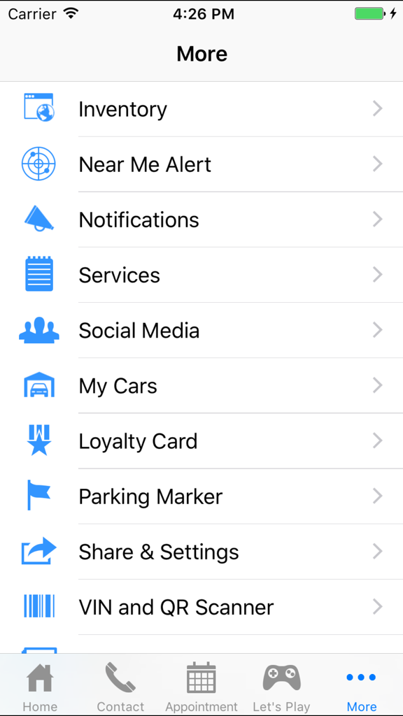 Screenshot of the More menu in the Chase Chevrolet app showing options like inventory services and parking marker