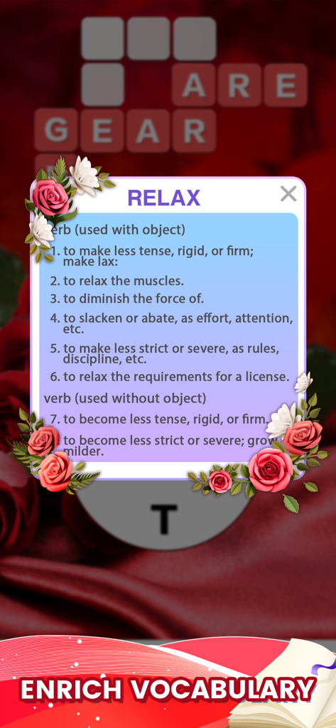Word Crossy - A Crossword game - Captura de pantalla de la aplicación Word Crossy que muestra la función de diccionario integrada con la definición de la palabra 'relax' y un tema floral.