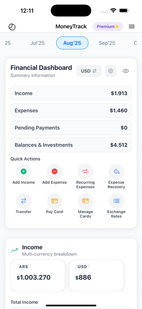 MoneyTrack App - MoneyTrack financial dashboard showing income expenses and multi-currency tracking