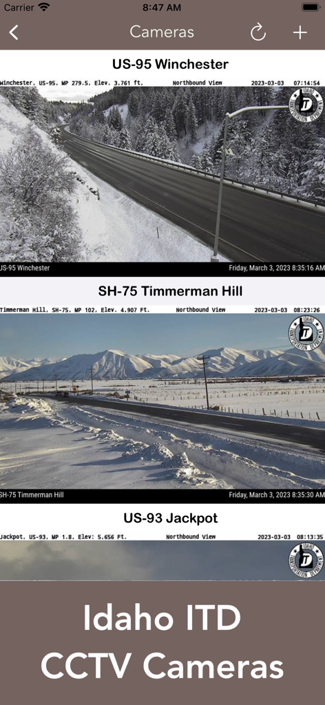 Idaho 511 Road Conditions - Interface do aplicativo Idaho 511 exibindo feeds de câmeras CCTV ao vivo de condições de estrada com neve na US-95 e SH-75.
