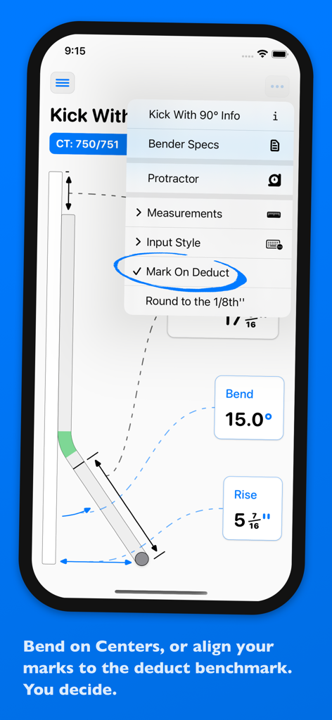 Screenshot of QuickBend app showing conduit kick bend calculations and mark on deduct settings.