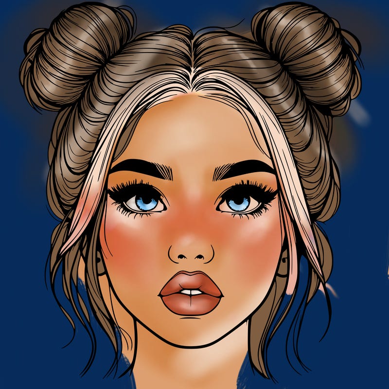realistic girl with two buns on her hair and lips