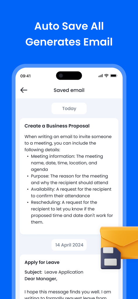 AI Writer - AI Email Assistant - Pantalla de la aplicación AI Writer que muestra correos electrónicos generados guardados automáticamente para propuestas de negocios y solicitudes de permisos.