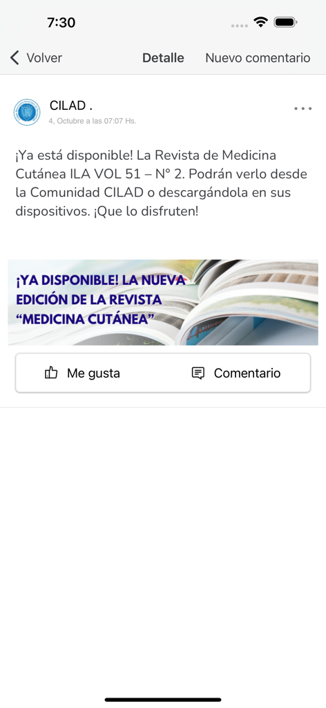 CILAD App - Screen of the CILAD app showing an announcement for the new edition of the Medicina Cutanea journal.