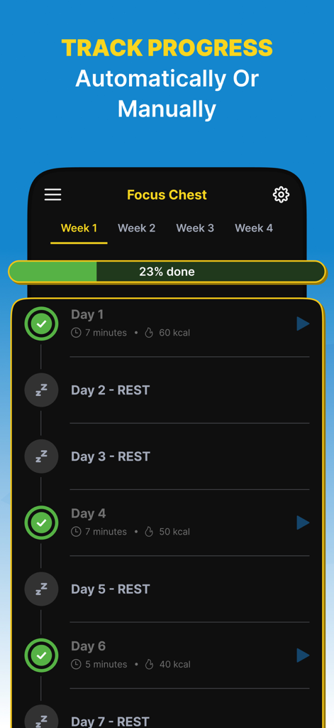 Chestify - AI Fitness Workout - Weekly chest workout schedule and progress bar in the Chestify fitness app.