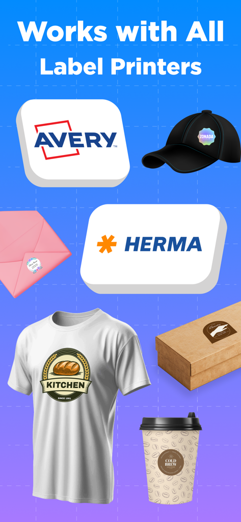Écran de l'application Label Maker Print Master montrant la compatibilité avec les imprimantes Avery et Herma avec des étiquettes personnalisées sur un chapeau, une chemise et une tasse à café.