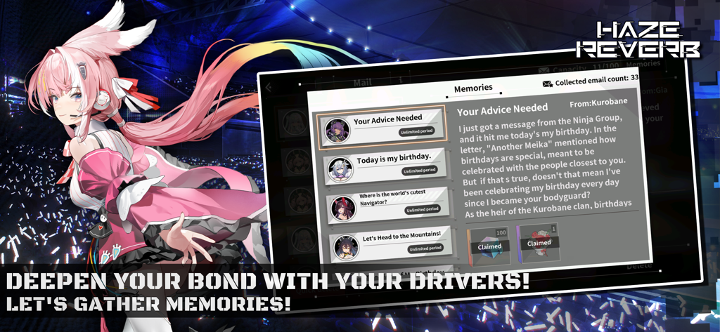 Haze Reverb - Pink haired anime girl next to the character memories menu in Haze Reverb