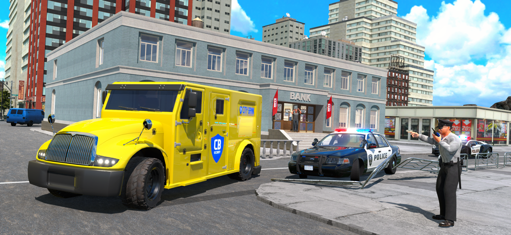 Police Simulator Cop Car Duty - Ein Polizist steht neben einem gelben gepanzerten Bankwagen und einem Streifenwagen in einer Stadtstraße.