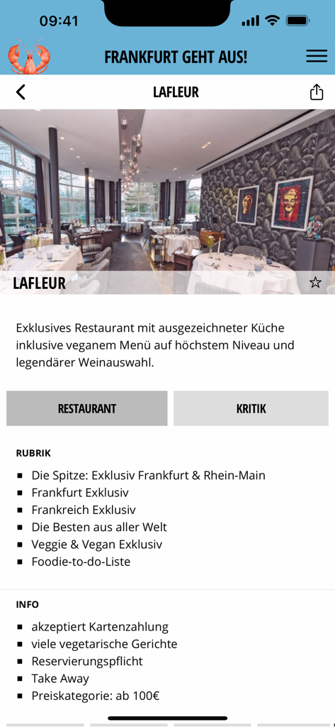 FRANKFURT GEHT AUS! - A detailed profile of Restaurant Lafleur in the Frankfurt Geht Aus app showing gourmet rankings and information.