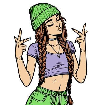 realistic teenage girl with braids and a beanie and crop top doing 🫶🏼