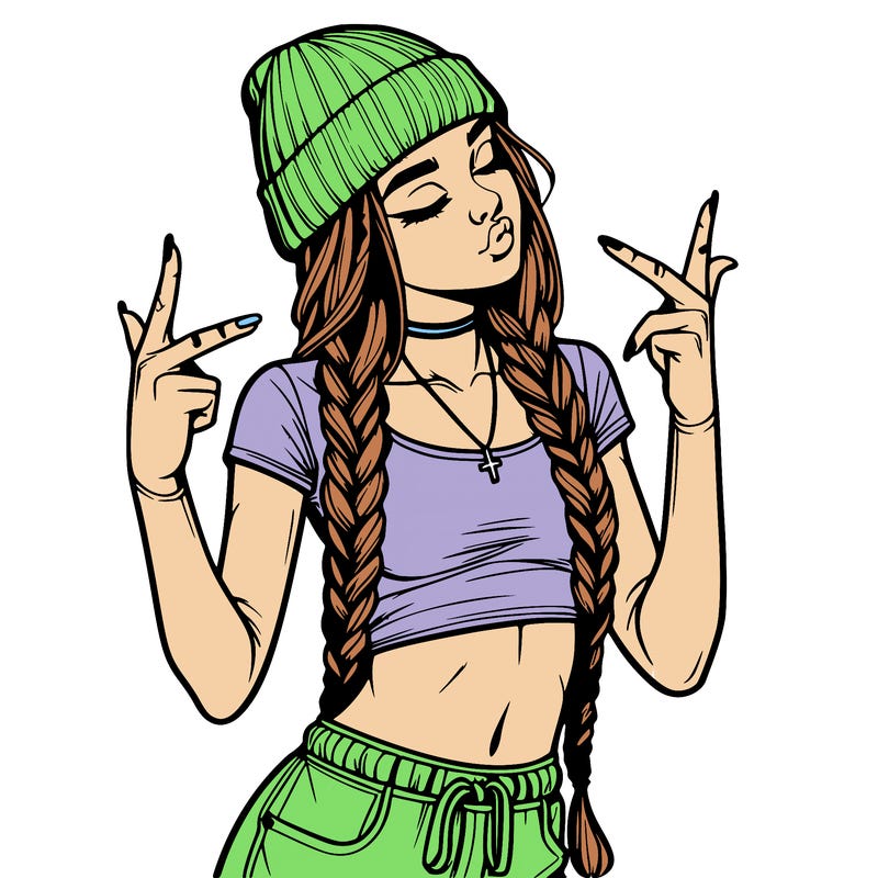 realistic teenage girl with braids and a beanie and crop top doing 🫶🏼