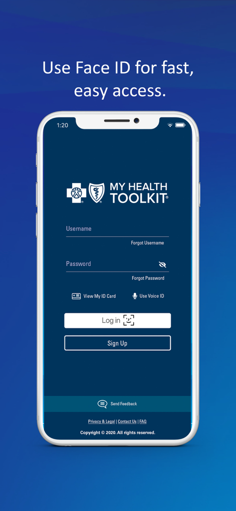 Login screen for the My Health Toolkit app featuring Face ID access and secure sign in for BlueCross BlueShield members.