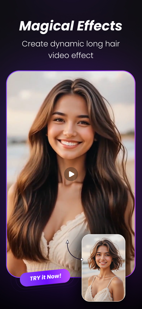AI Video Generator: TrendVideo - A woman using the AI video generator to transform her short hair into a dynamic long hair effect