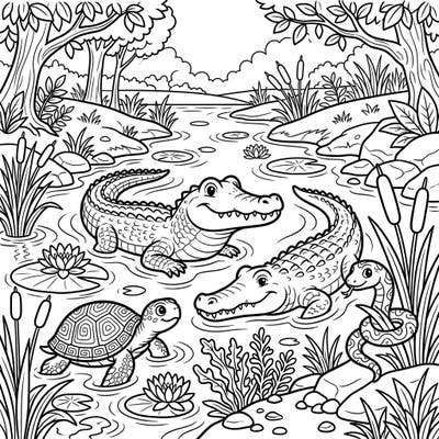 Explore the exciting world of river reptiles with this captivating coloring page designed for kids. Bring friendly crocodiles, turtles, and a snake to life in their natural habitat with vibrant colors.