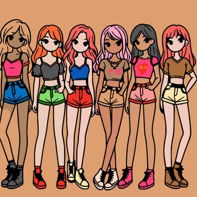 a group of girls wearing crop tops and shorts
