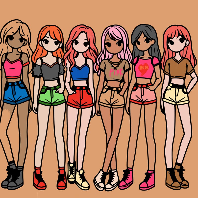 a group of girls wearing crop tops and shorts