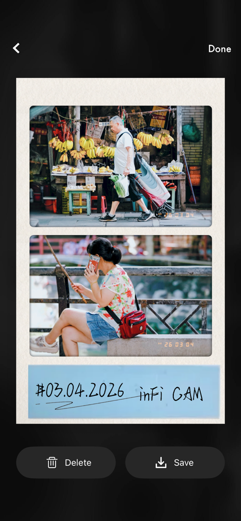 inFi Cam - Vintage film camera - Two street photos with orange date stamps in a vintage style collage layout from the inFi Cam app