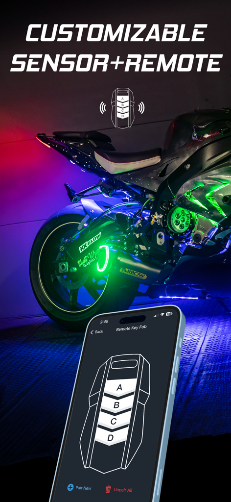 XKmax - XKmax mobile app interface showing a customizable 4-button remote key fob for controlling motorcycle LED lighting