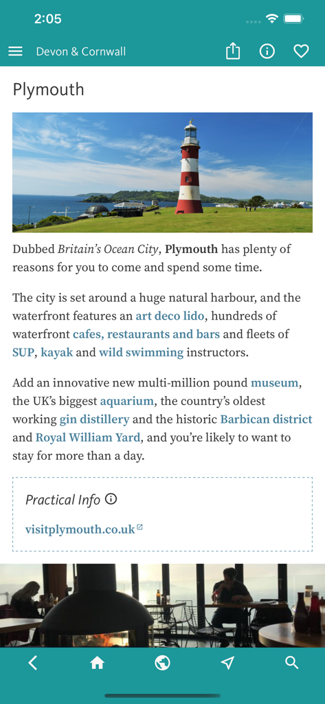 스미턴 타워 등대가 있는 데본 및 콘월 앱의 플리머스 여행 가이드 화면
