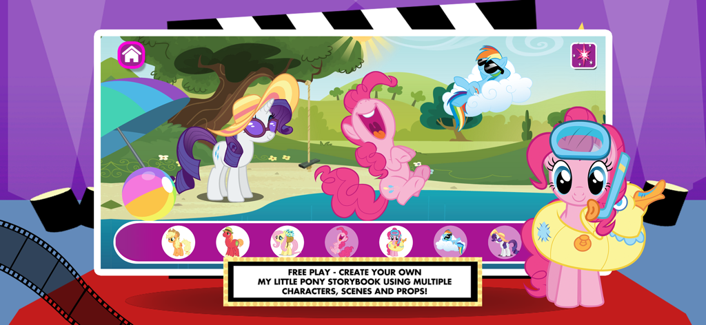 My Little Pony: Story Creator - 해변 배경의 스토리 크리에이터 앱 자유 놀이 모드에 등장하는 마이 리틀 포니 캐릭터들.