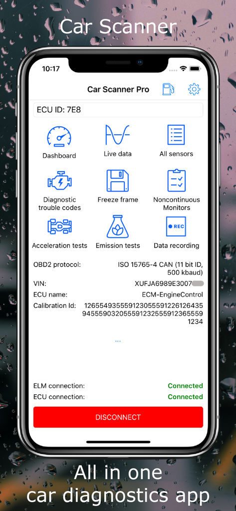 Interfaccia principale dell'app Car Scanner ELM OBD2 che mostra vari strumenti di diagnostica auto.